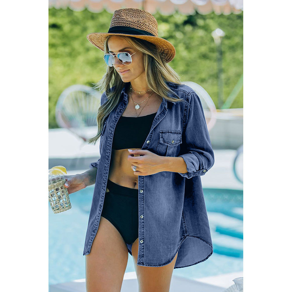Damen Denim-Hemdbluse mit praktischen Brusttaschen und klassischem Schnitt Drune
