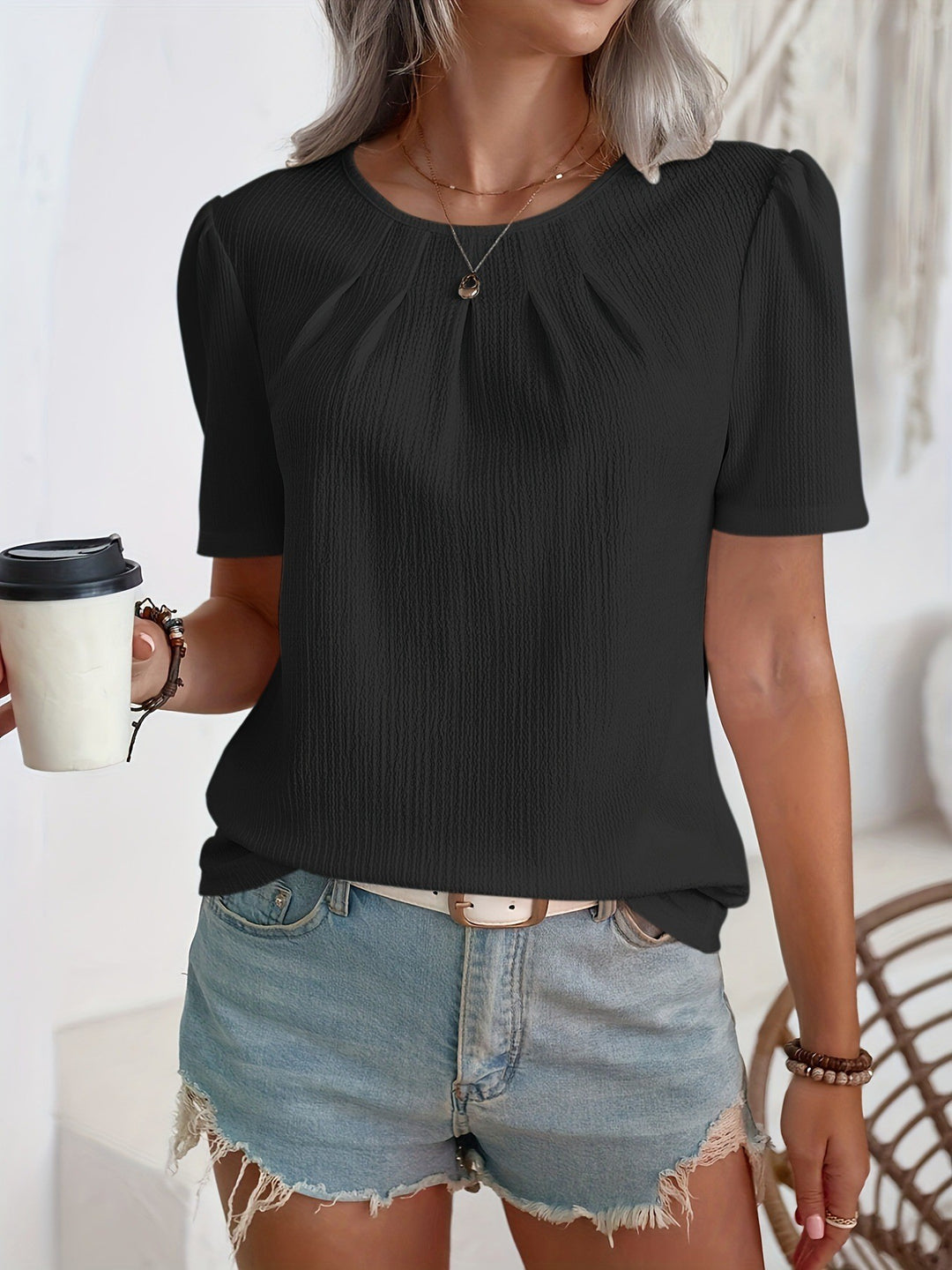Damen Modisches Oberteil mit strukturiertem Design und Puffärmeln Drune