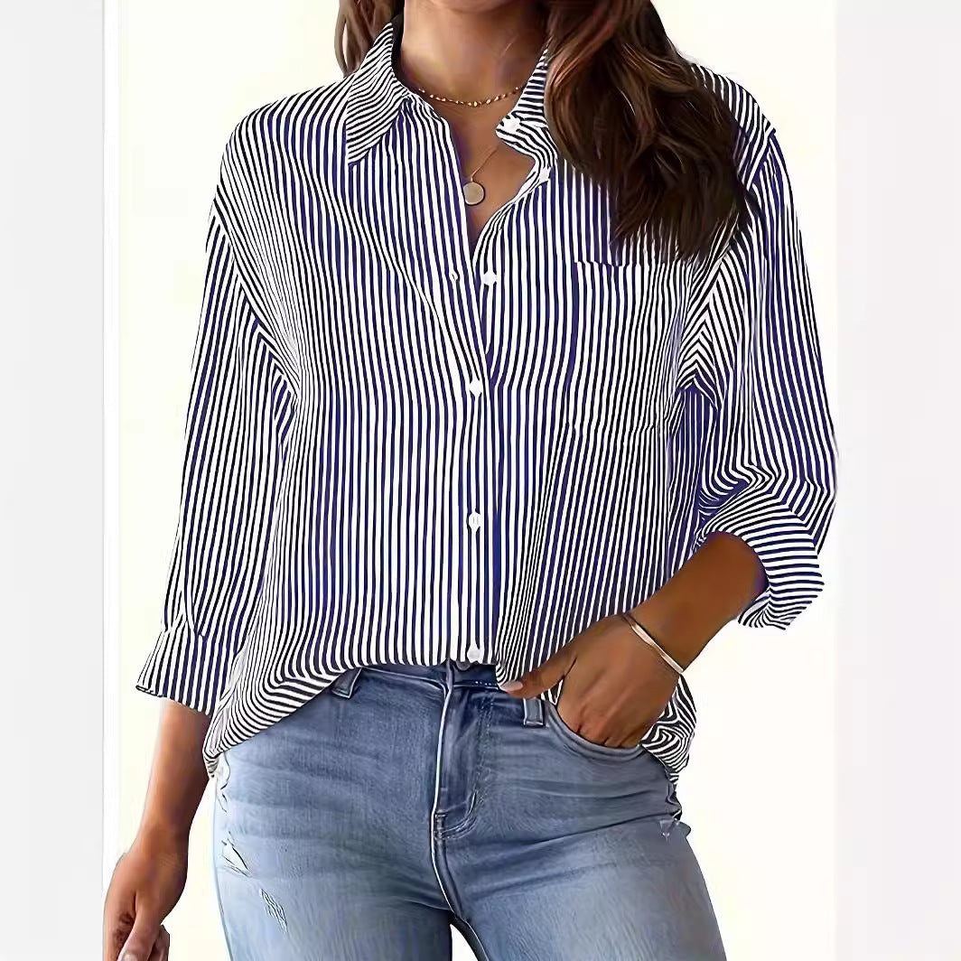 Damen Langarm Bluse mit feinen Streifen und Brusttasche Drune