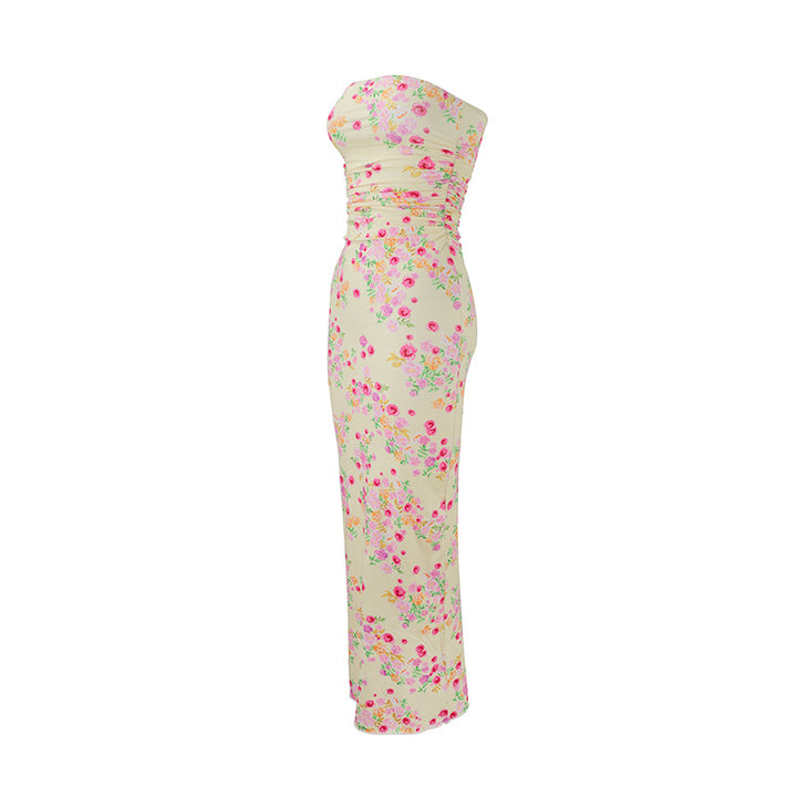 Damen elegantes, trägerloses Maxikleid mit raffiniertem Mustermix Drune