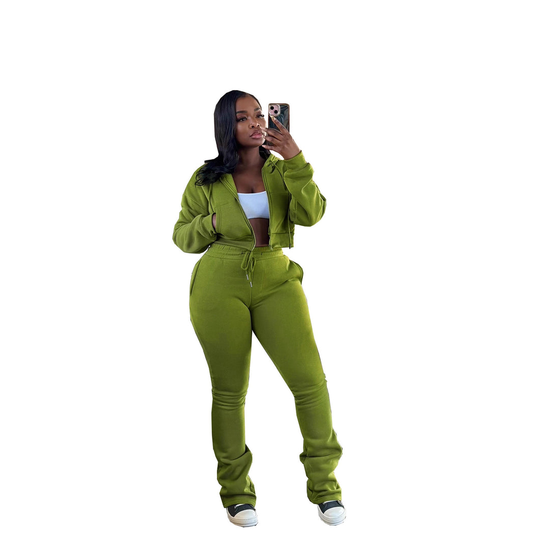 Damen nan kurz geschnittenes Zip-Hoodie und Highwaist-Jogginghose-Set mit Kordelzug und leicht gerafften Knöchelabschlüssen Drune