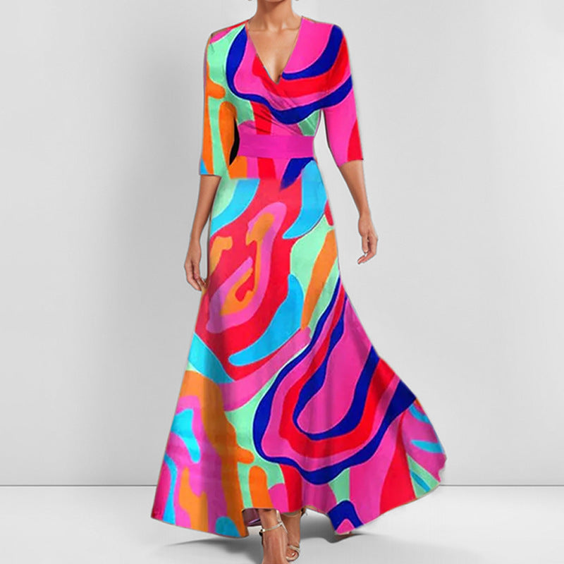 Damen Maxikleid mit buntem abstrakten Muster und V-Ausschnitt Drune