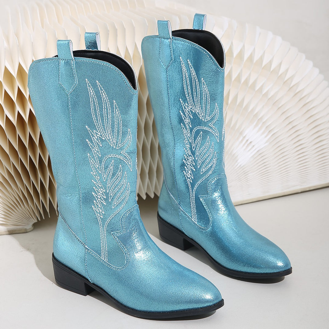 Damen Cowgirl-Kniehoher Stiefel mit dekorativer Stickerei, Pull‑Tabs und komfortablem Blockabsatz Drune