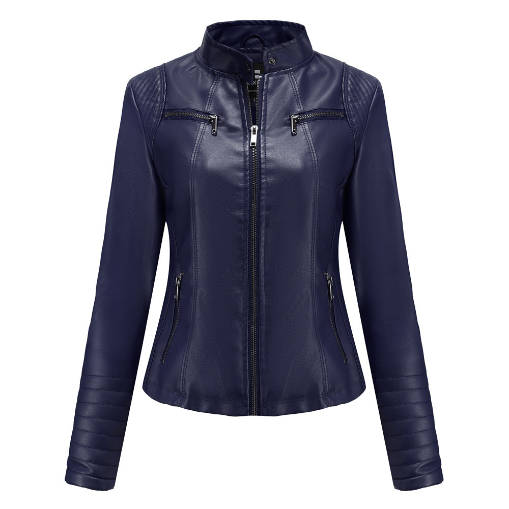 Damen nan taillierte Bikerjacke aus Kunstleder mit Stehkragen und gesteppter Ärmelpartie Drune