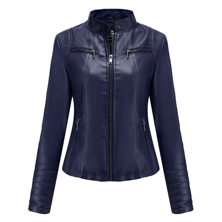Damen nan taillierte Bikerjacke aus Kunstleder mit Stehkragen und gesteppter Ärmelpartie Drune