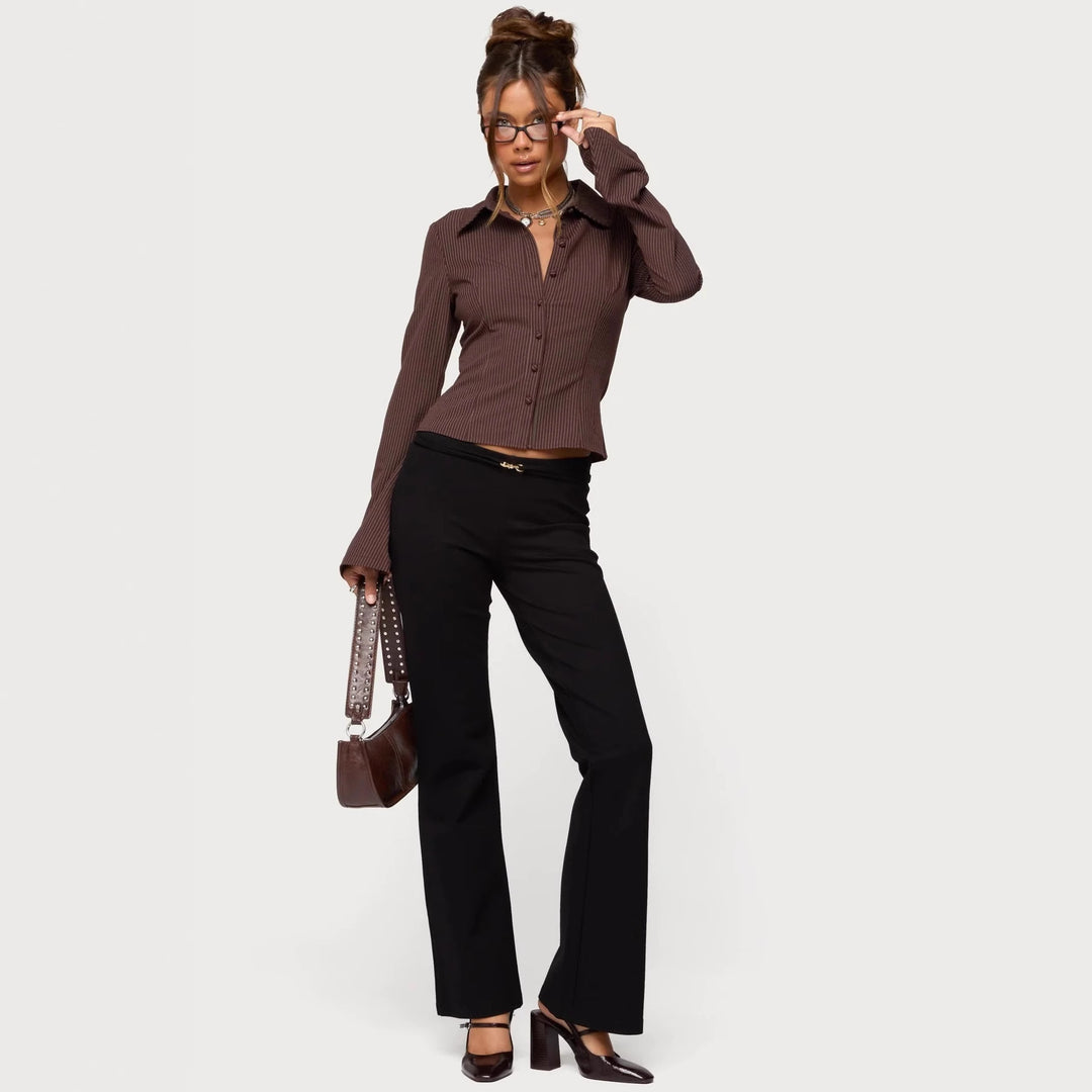 Damen Ripp-Optik Bluse mit elegantem Kragen und schmalem Schnitt Drune