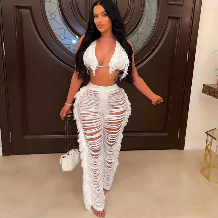 Damen Strandoutfit mit fransigem Crop-Top und lässiger Hose Drune