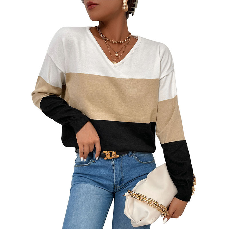 Damen lässiger V-Ausschnitt Pullover mit Farbblock-Design Drune