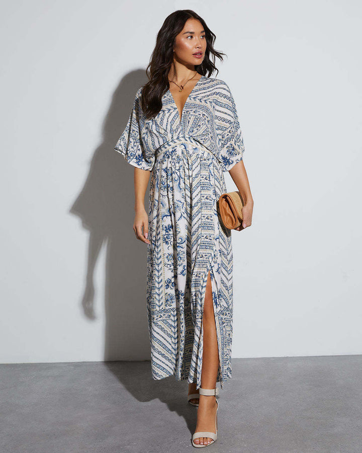 Damen Maxikleid mit aufregendem Wickeldesign und voluminösen Ärmeln Drune