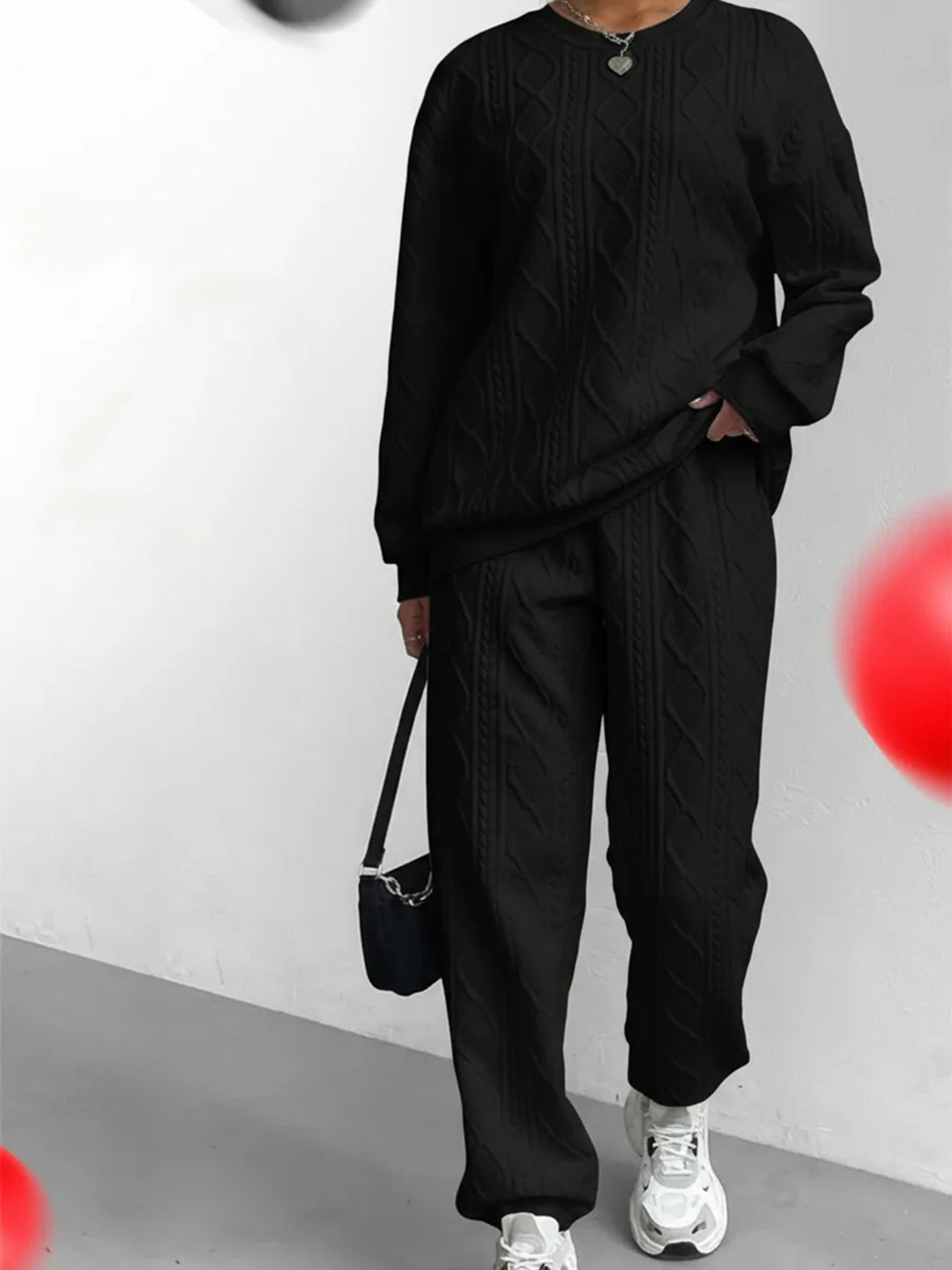 Damen Strick-Loungewear-Set mit elegantem Zopfmuster und weitem Schnitt Drune