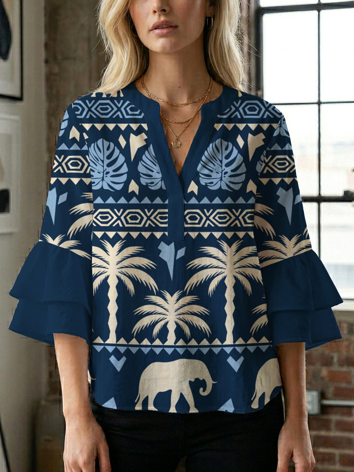 Damen Bluse mit voluminösen Rüschenärmeln und modernem Motiv Drune