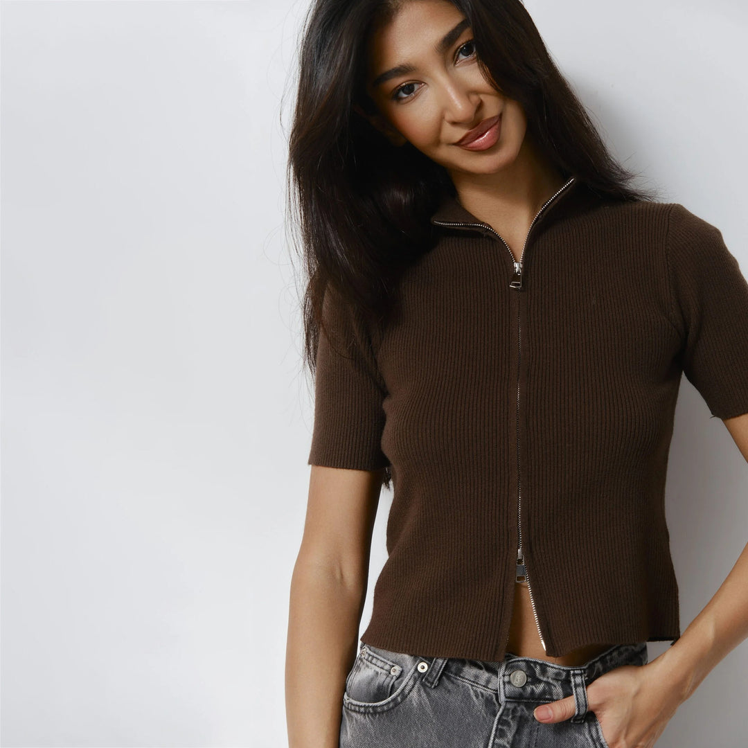 Damen Kurzärmliger Strickpullover mit modernem Reißverschluss Drune