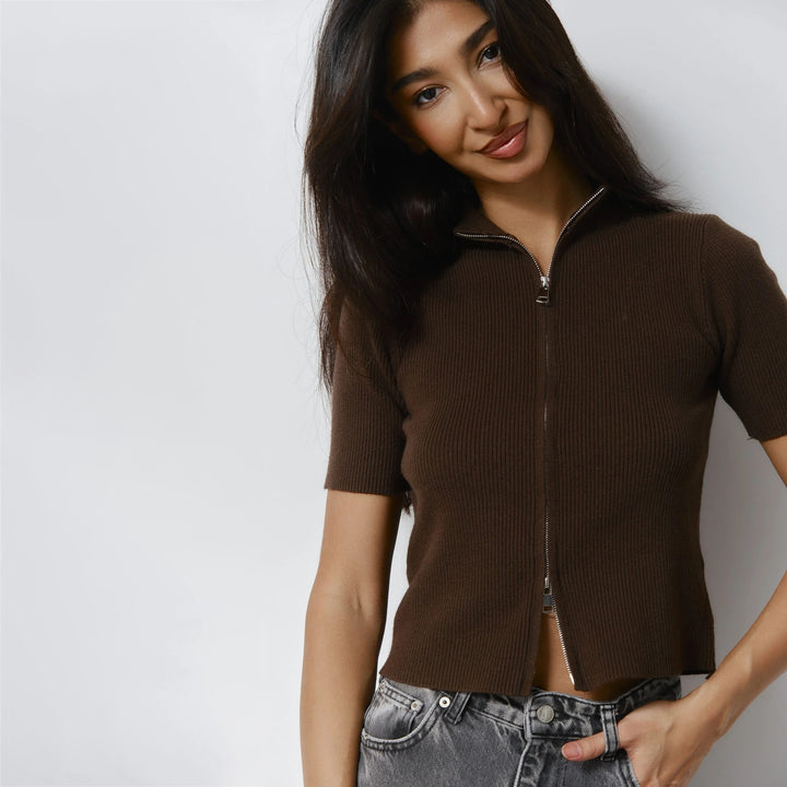 Damen Kurzärmliger Strickpullover mit modernem Reißverschluss Drune