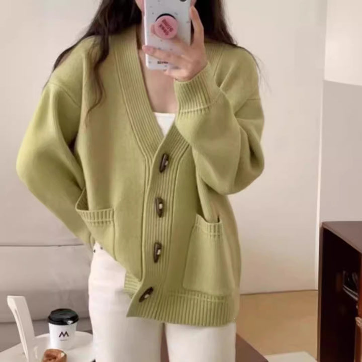 Damen Gemütliche Strickjacke mit modernen Knöpfen und Taschen Drune