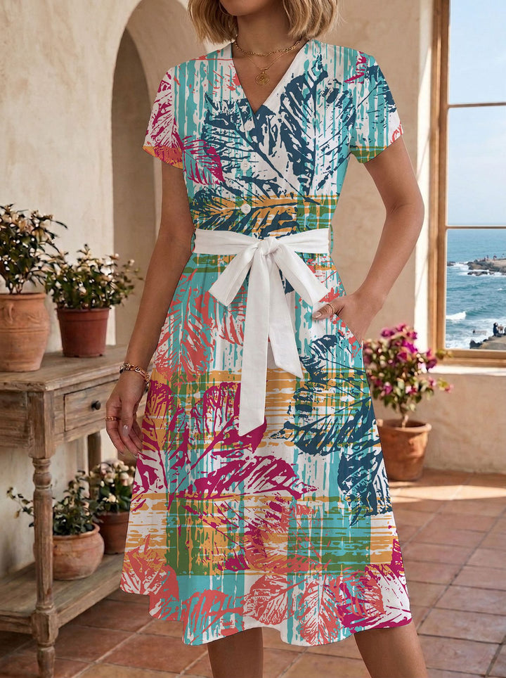 Damen lässiges Maxikleid mit taillierbarem Knoten und dekorativem Karomuster Drune