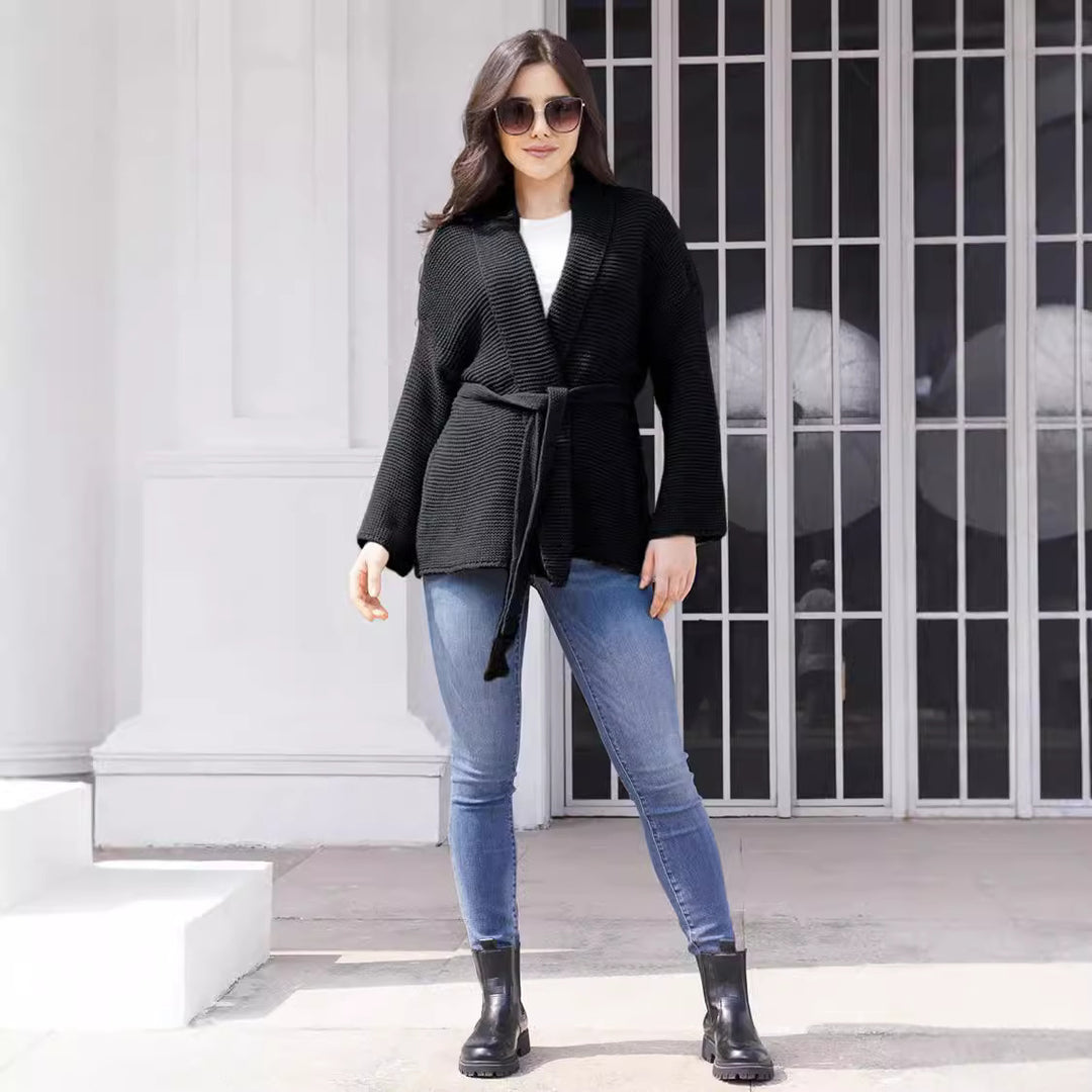 Damen Gemütlicher Strickcardigan mit Taillengürtel und weitem Schnitt Drune