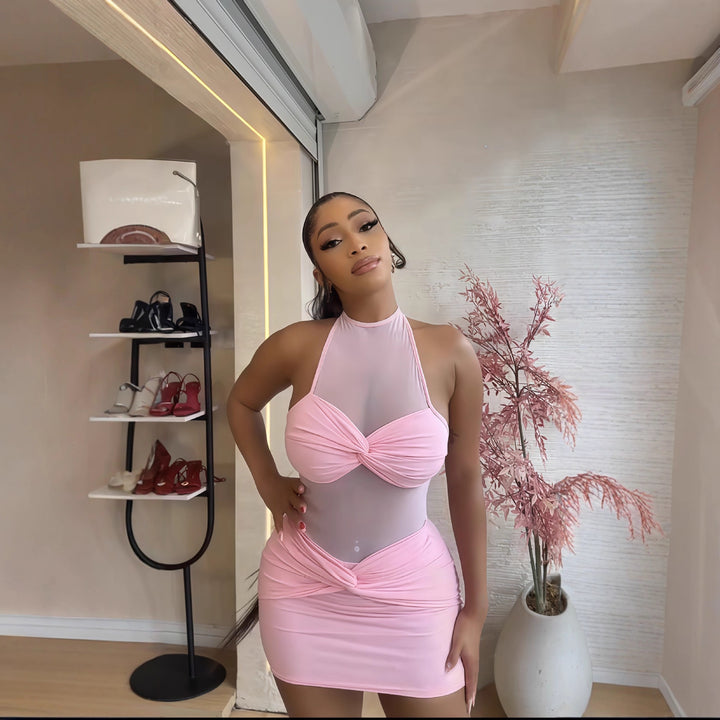 Damen Mini-Kleid mit Raffungen und transparentem Oberteil Drune