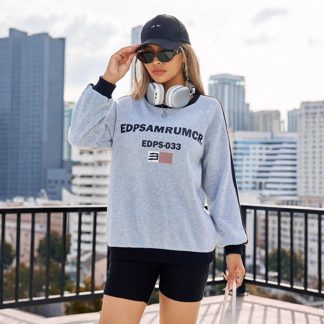 Damen lässiger Sweatshirt mit grafischem Druck und kontrastierenden Ärmeln Drune