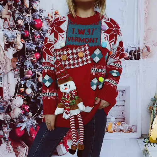 Damen festlicher Pullover mit winterlichem Schneemann-Motiv und dekorativen Details Drune