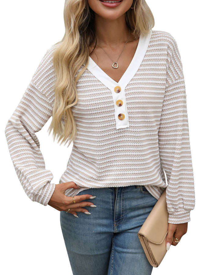 Damen lässiges V-Ausschnitt Langarmshirt mit Knopfdetails Drune