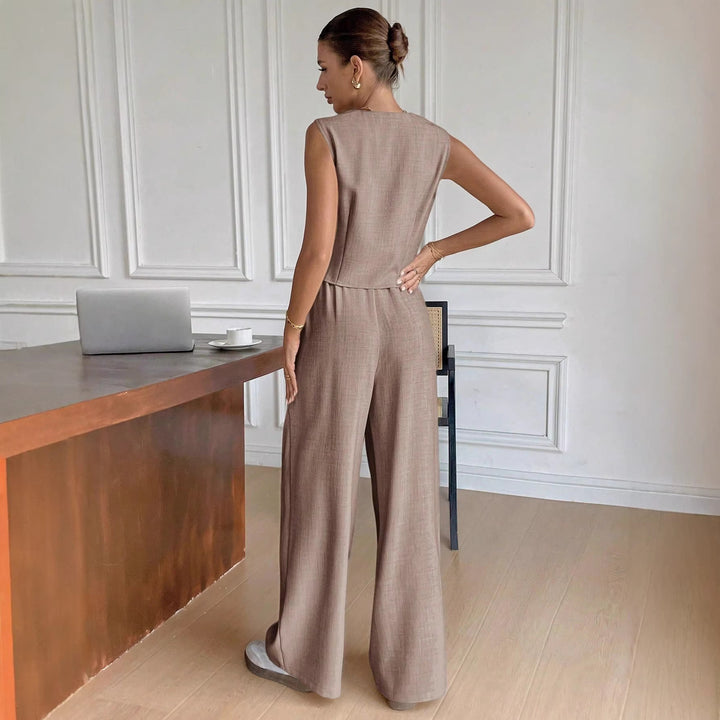 Damen Eleganter Anzug mit ärmellosem Blazer und weiten Hosen Drune
