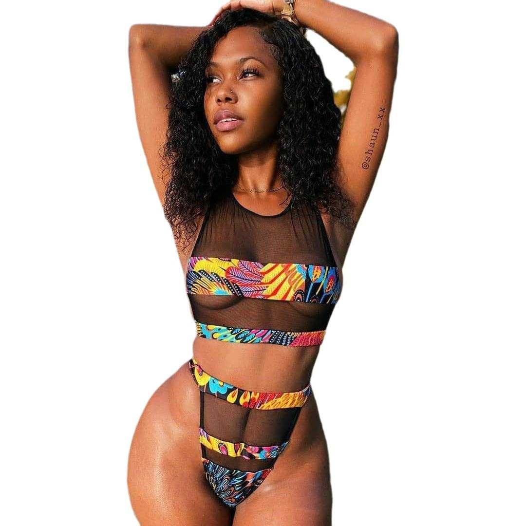 Damen Bikini-Set mit transparenten Einsätzen und bunten Akzenten Drune