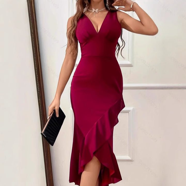 Damen Wickelkleid mit V-Ausschnitt und asymmetrischem Saum Drune