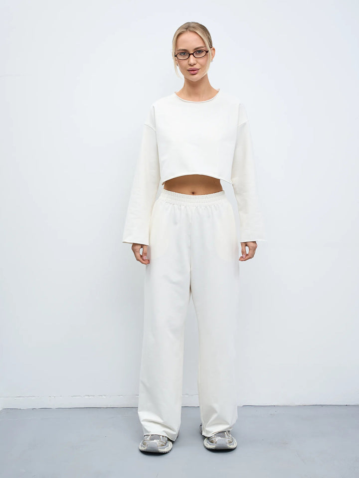 Damen Komfortables Cropped Sweatshirt und Weite Jogginghose Set Drune