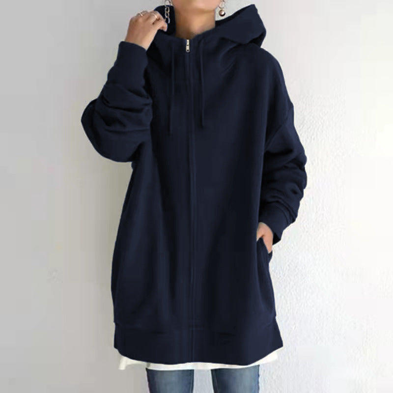 Damen nan oversized Kapuzenlongpullover mit Reißverschluss und Eingrifftaschen Drune