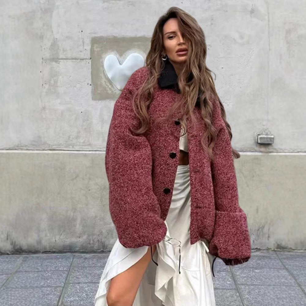 Damen kuschelige Oversize-Jacke mit großem Kragen Drune