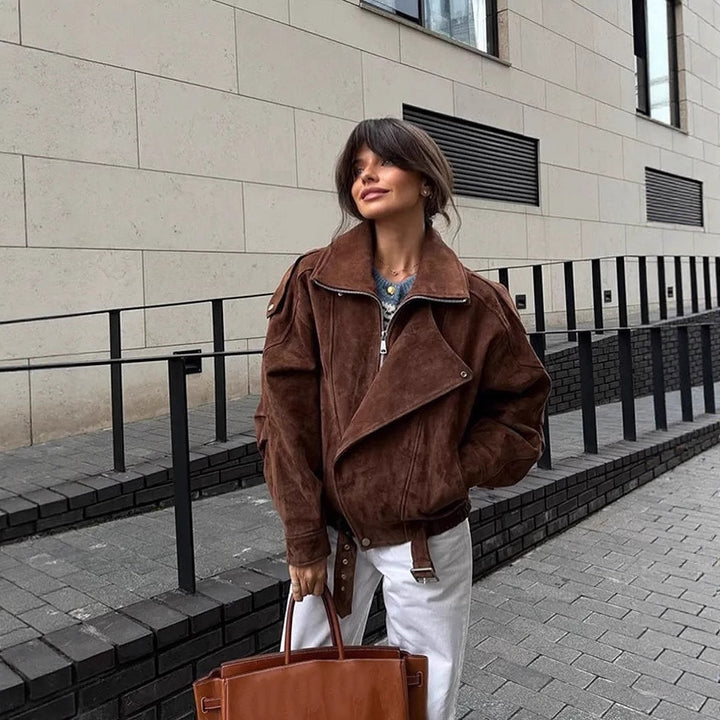 Damen modische Wildlederjacke im oversized Schnitt mit edlen Details Drune