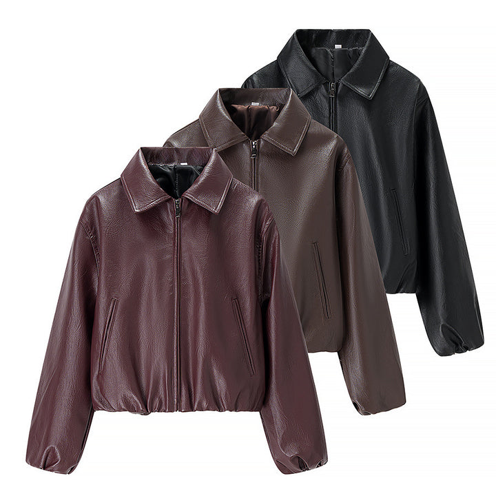 Damen nan kurze Glanz-Kunstlederjacke mit Hemdkragen, verdecktem Reißverschluss und elastischem Bund Drune