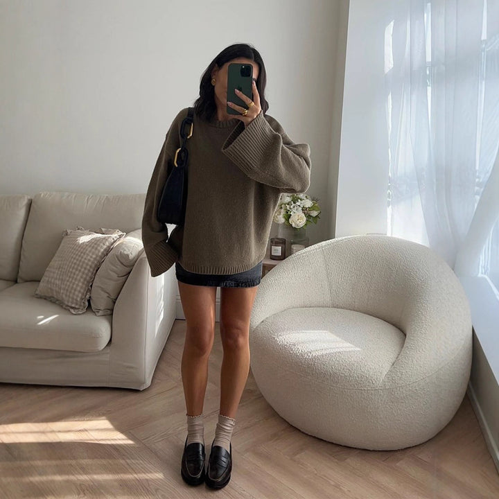 Damen lässiger Strickpullover mit weiten Ärmeln Drune