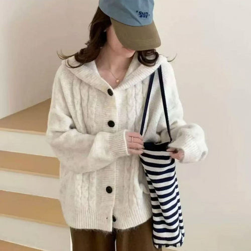 Damen Kuschelige Strickjacke mit gemütlichem Kapuzenkragen und auffälligen Knöpfen Drune