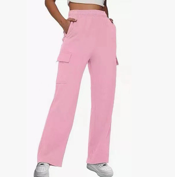 Damen nan lässige Cargo-Freizeithose mit weitem Bein elastischem Bund und aufgesetzten Taschen Drune