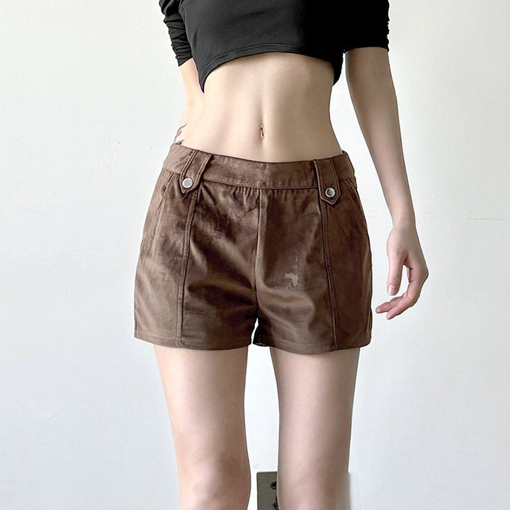 Damen Kunstleder Shorts mit dekorativem Knopf und figurbetontem Schnitt Drune