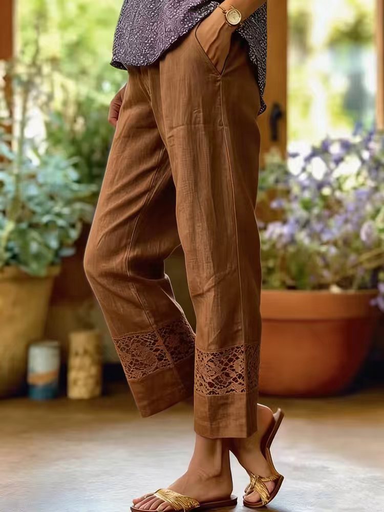 Damen Elegante Leinenhose mit Spitzenakzenten Drune