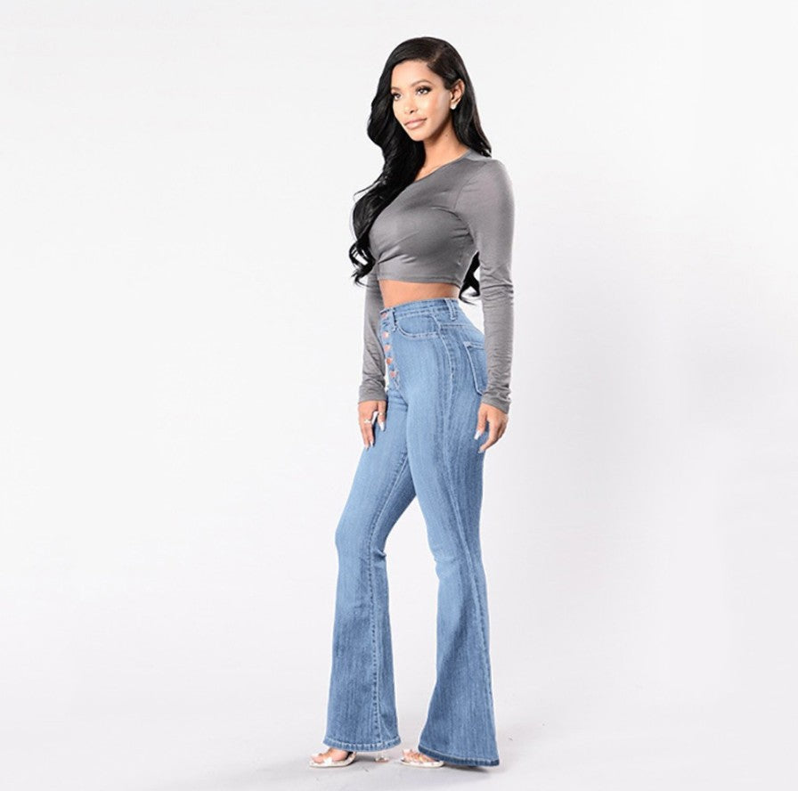 Damen nan hochgeschnittene Bootcut-Jeans mit sichtbarer Knopfleiste, figurformendem Stretch und schlankem Oberschenkel Drune