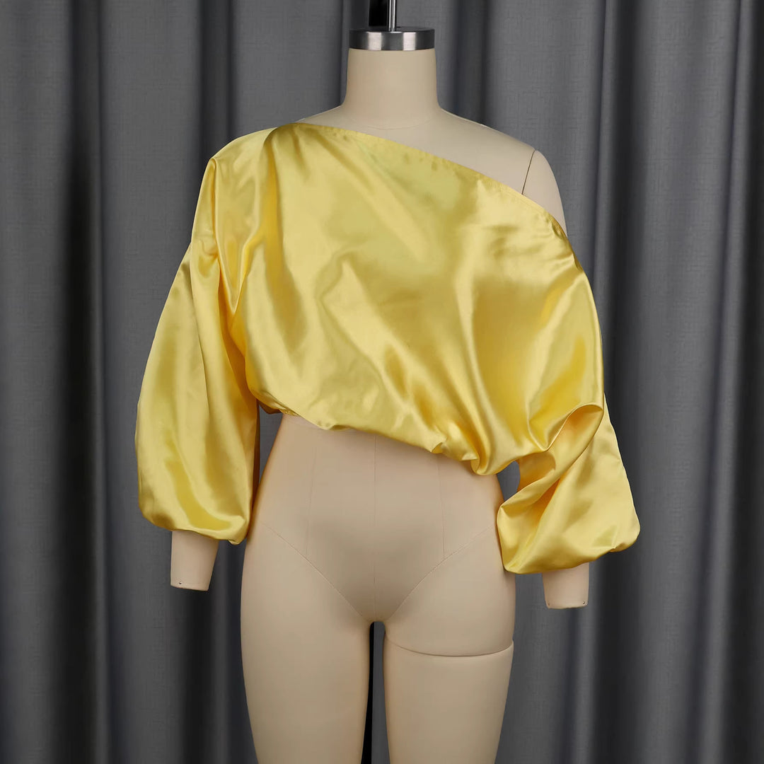 Damen elegantes asymmetrisches Oberteil mit voluminösen Puffärmeln Drune