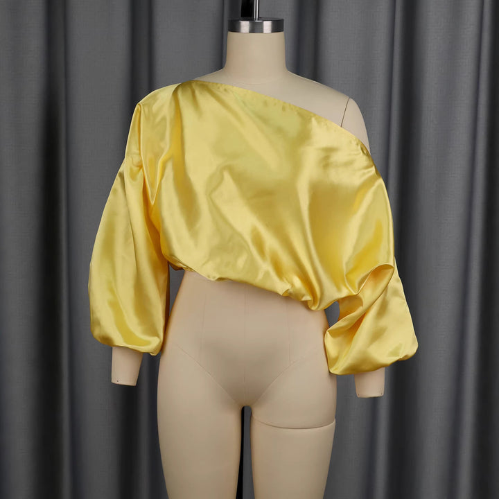 Damen elegantes asymmetrisches Oberteil mit voluminösen Puffärmeln Drune