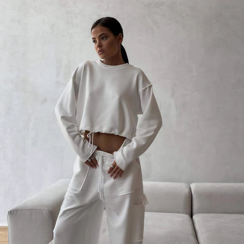 Damen lässiger Cropped Sweatshirt mit Kordelzug Drune