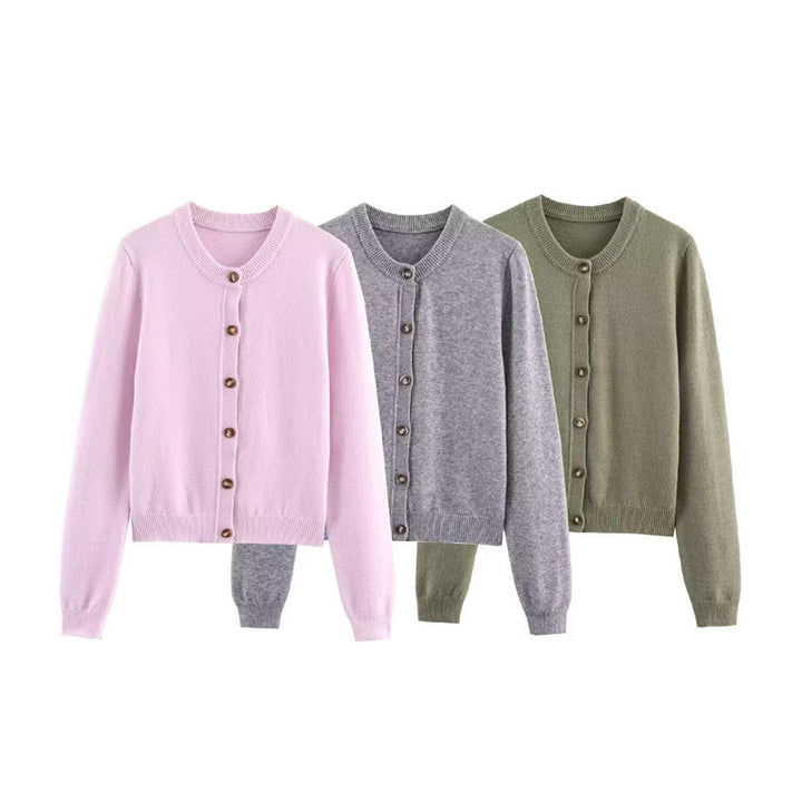 Damen Elegante Strickjacke mit Knopfverschluss und Rundhalsausschnitt Drune