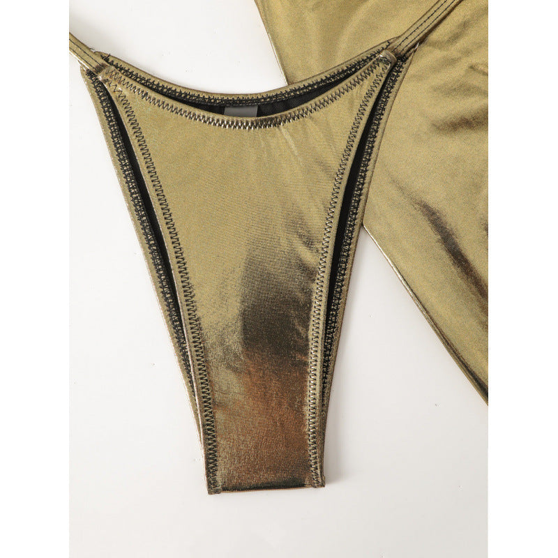 Damen Glänzender Triangel-Bikini mit Raffung und verspieltem Rock Drune