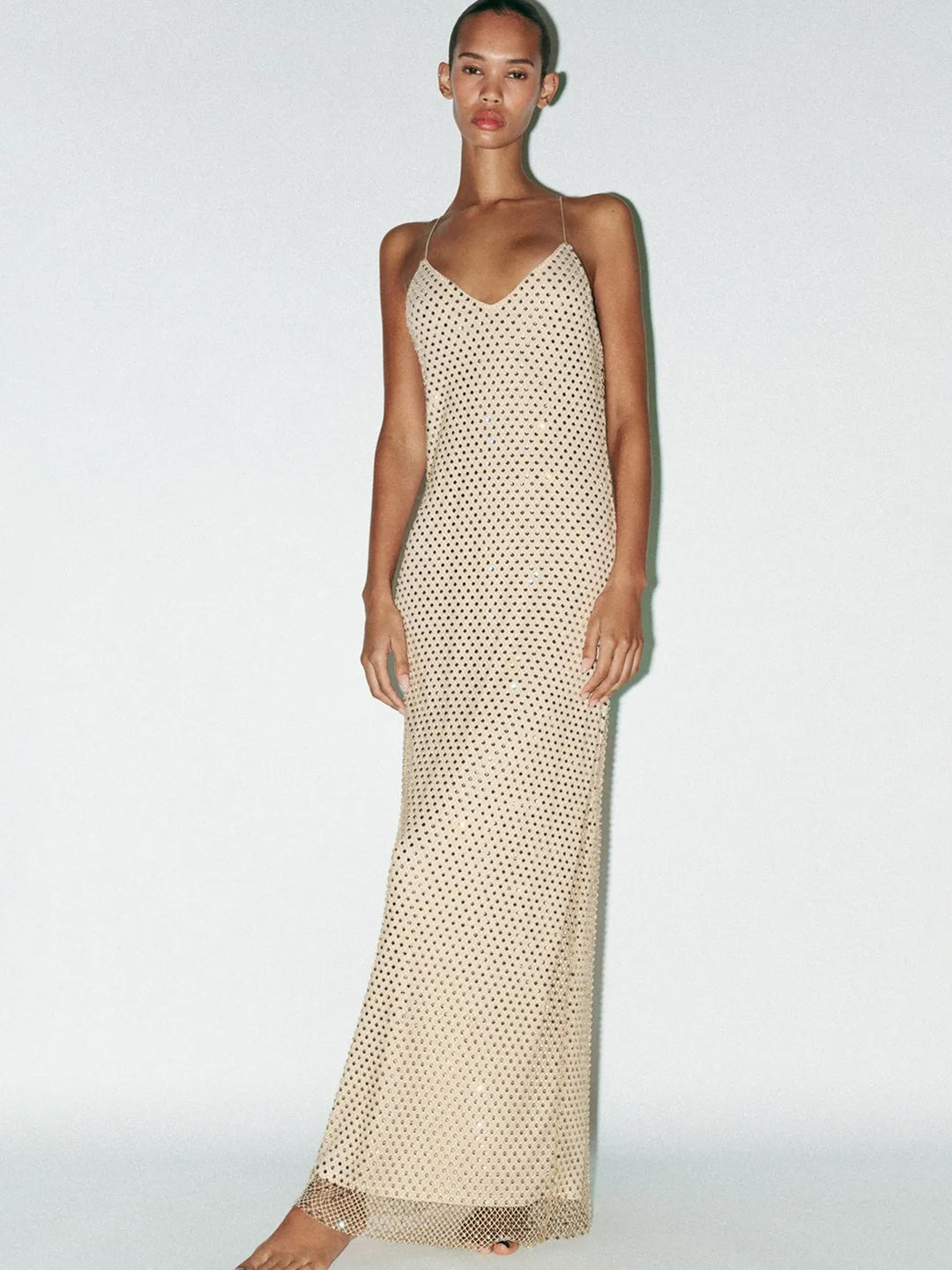 Damen Elegantes Maxikleid mit raffinierten Netzdetails und schmalen Spaghettiträgern Drune