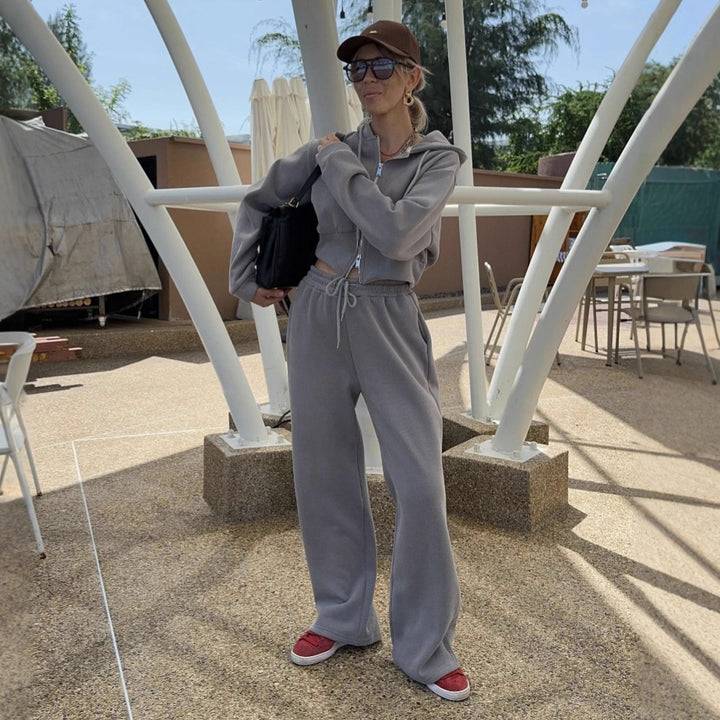 Damen Sportliches Fleece-Loungewear-Set mit Kapuze und verstellbarem Bund Drune