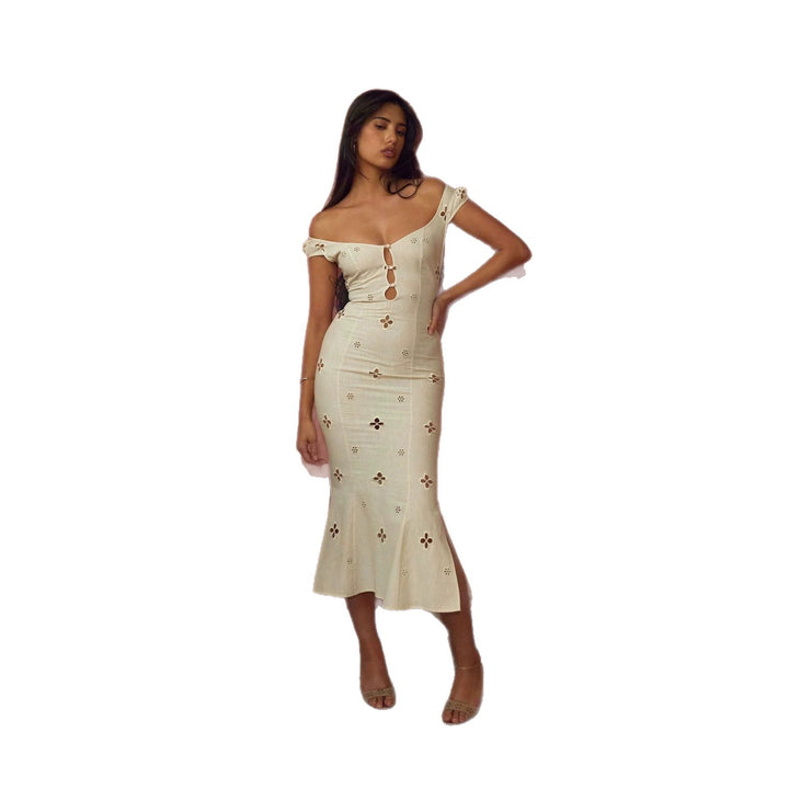 Damen Elegantes Maxikleid mit schulterfreiem Design und filigranen Blumenstickereien Drune