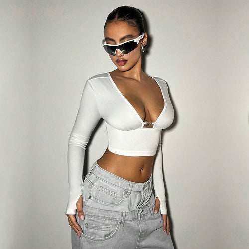 Damen cropped Langarmtop mit tiefem V-Ausschnitt und dekorativer Schnalle Drune