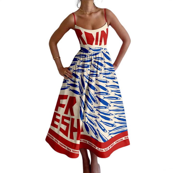 Damen Midi-Kleid mit auffälligem Grafikdruck und schwingendem Rock Drune