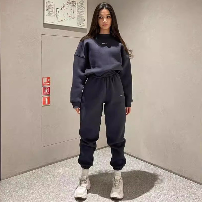 Damen nan Oversized kurz geschnittenes Sweatshirt mit High Waist Fleece Jogginghose Set Drune