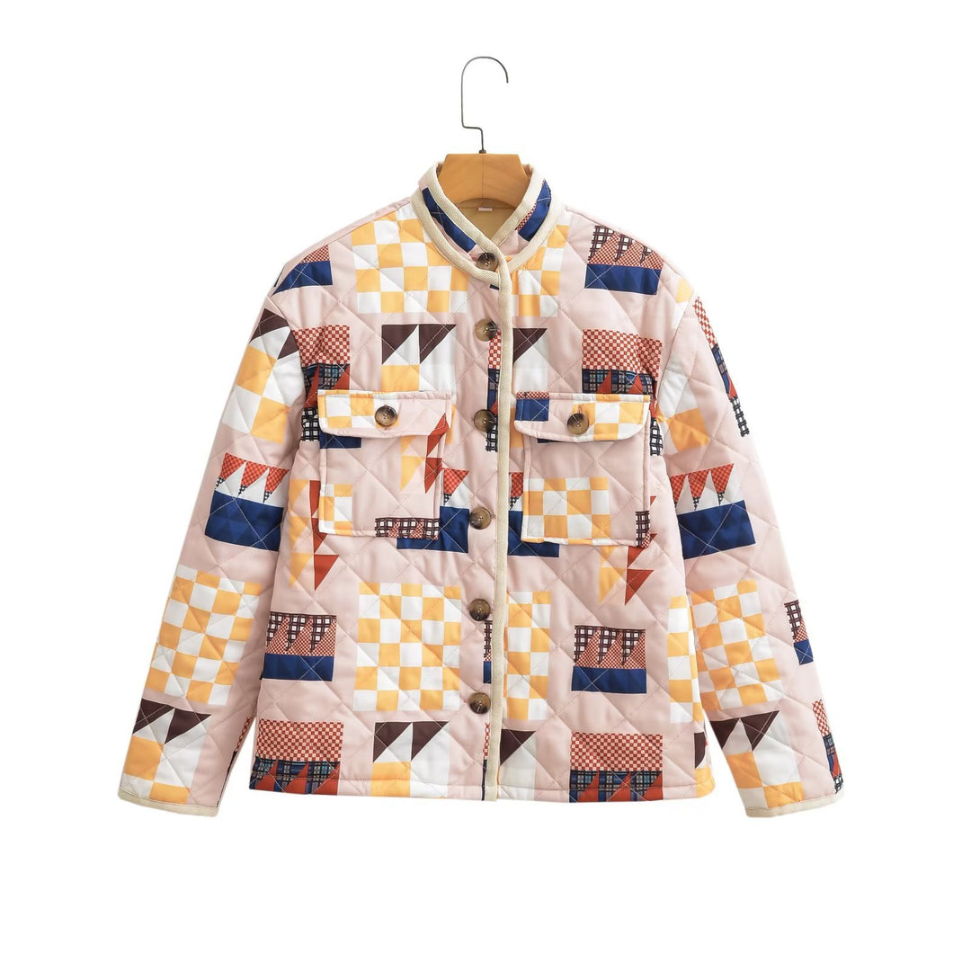 Damen gesteppte Übergangsjacke mit buntem Patchwork-Muster und großen Taschen Drune